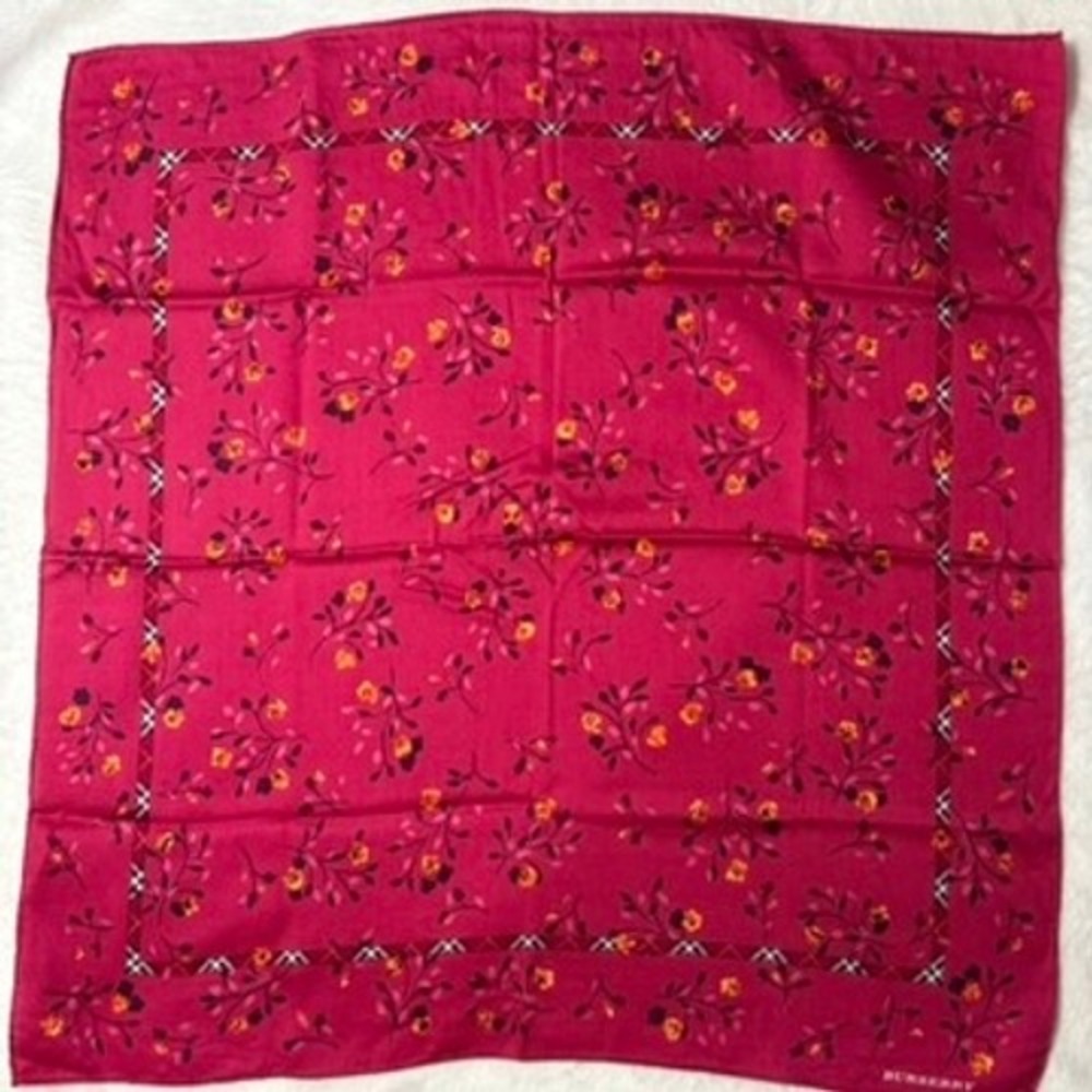 Vtg BURBERRY Scarf Handkerchief Floral Pink Orange Red 18.5"